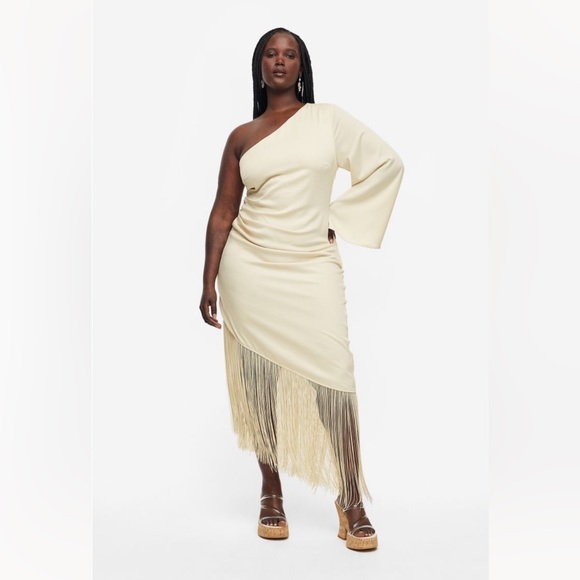 BNWT H&M One Shoulder Dress Fringe Trim Sz M - Picture 2 of 5